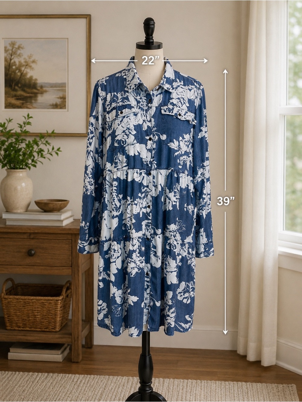Elliott & Vine Blue White Floral Button Front Collared Tiered Dress Long Sleeve - Picture 2 of 7